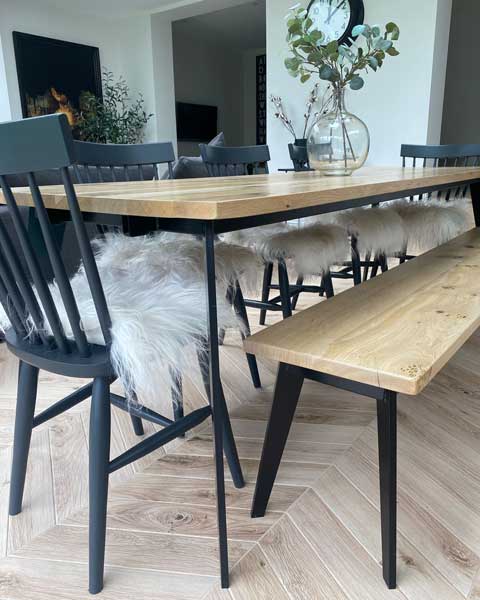 Chiswick Oak Dining Table, Wood And Metal Dining Table With Bench