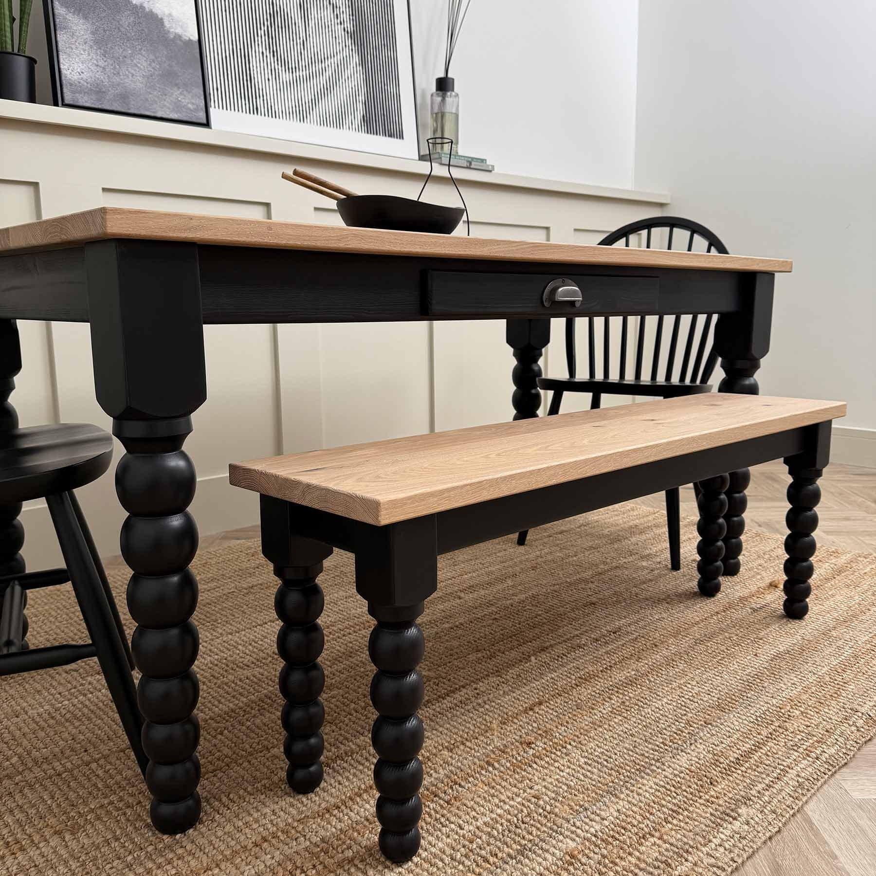 Bobbin-table-with-bench-and-1-drawer-Oak-top---White-Pitch-Black-base