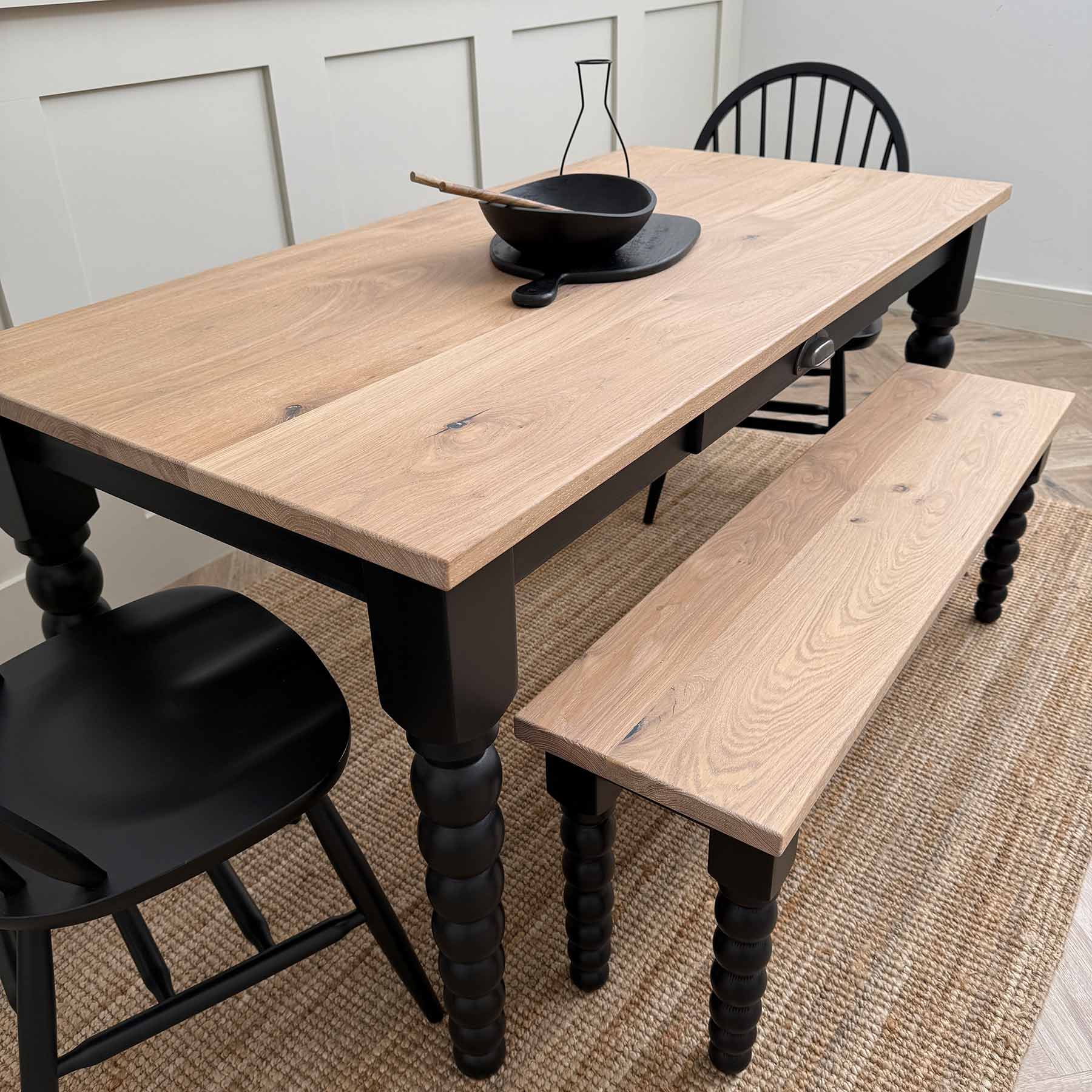 Bobbin-table-with-bench-and-1-drawer-Oak-top---White-Pitch-Black-top-pic