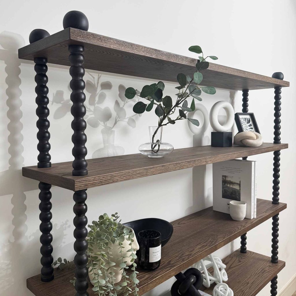 Open-Bobbin-Bookcase---Black-Stained-Beech-Frame---Black-Oiled-Oak-Shelves---Close-up