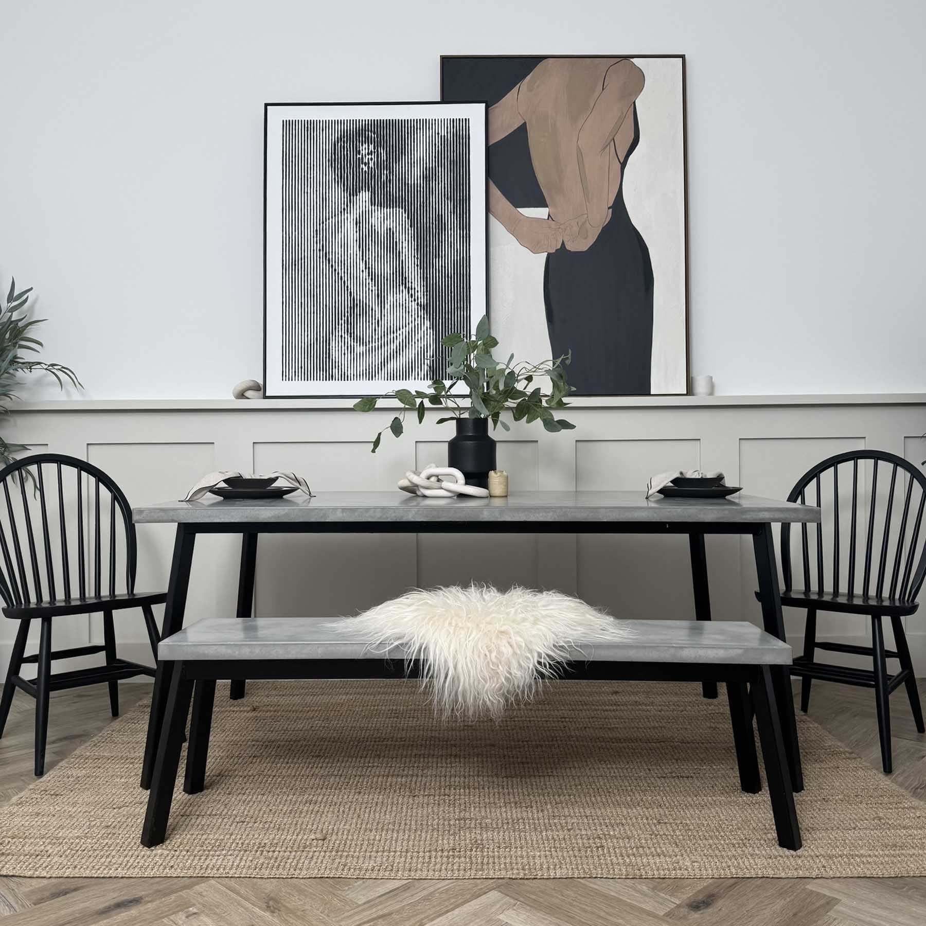 Outlet Nola table and Bench, concrete top, metal base