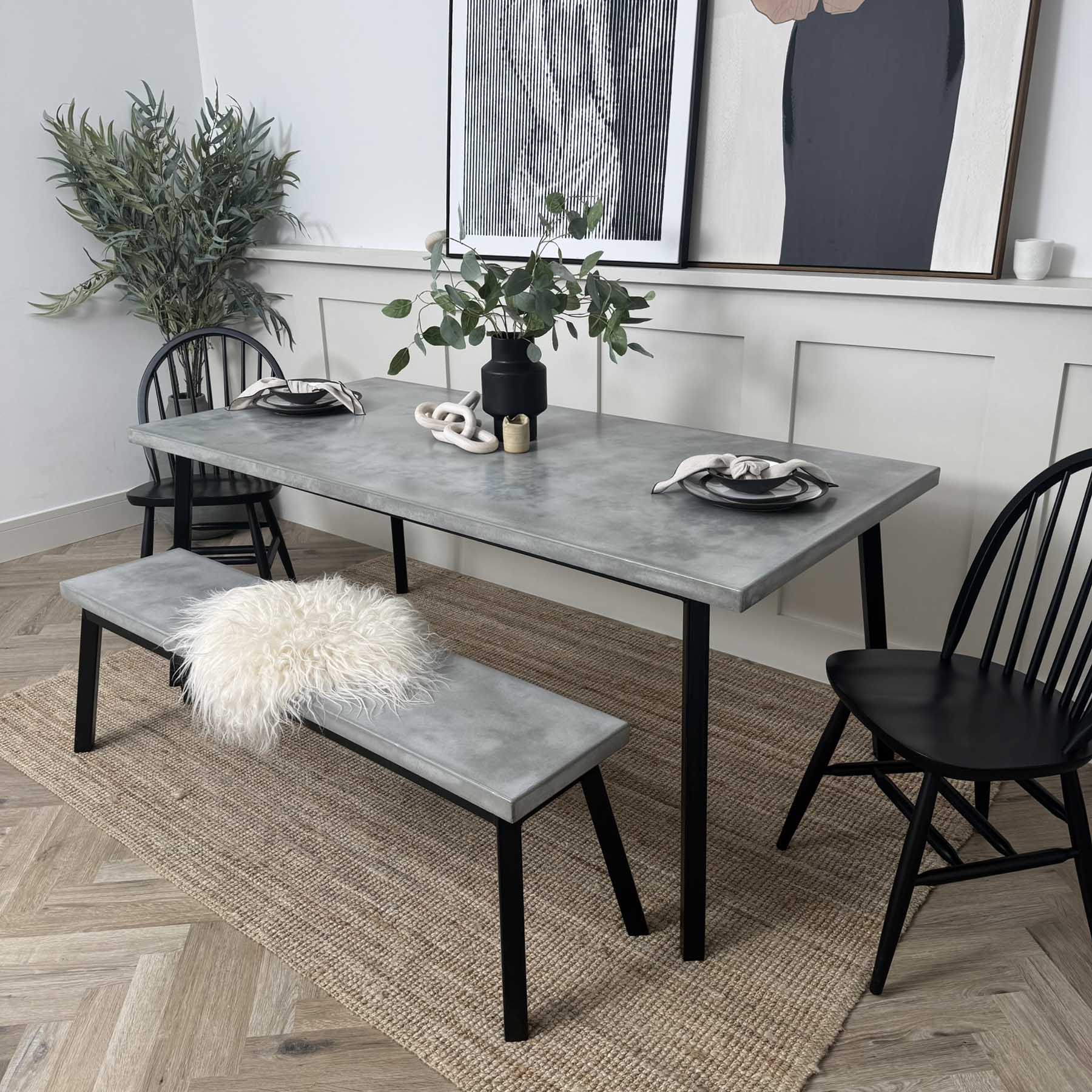 Outlet Nola table and Bench, concrete top, metal base
