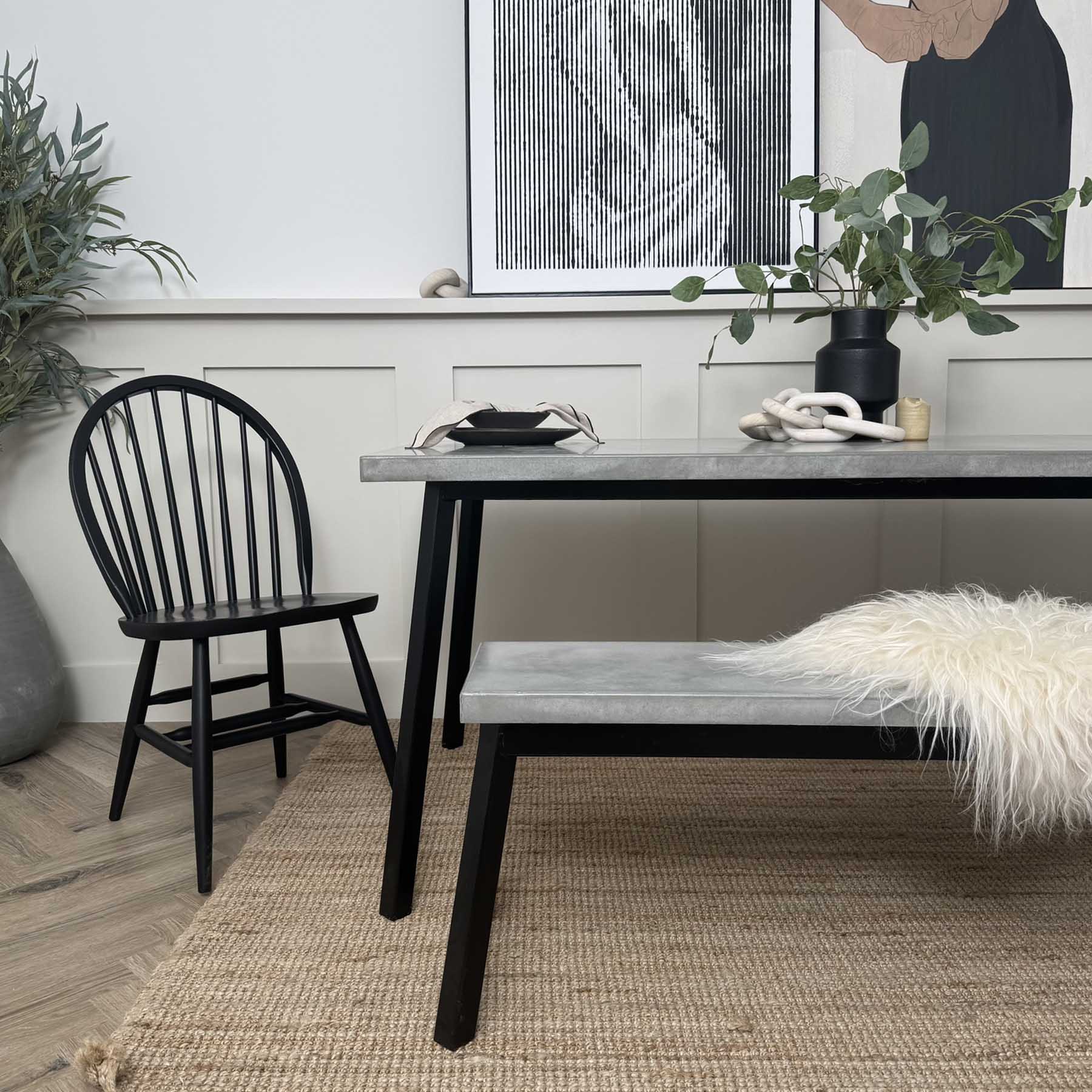Outlet Nola table and Bench, concrete top, metal base