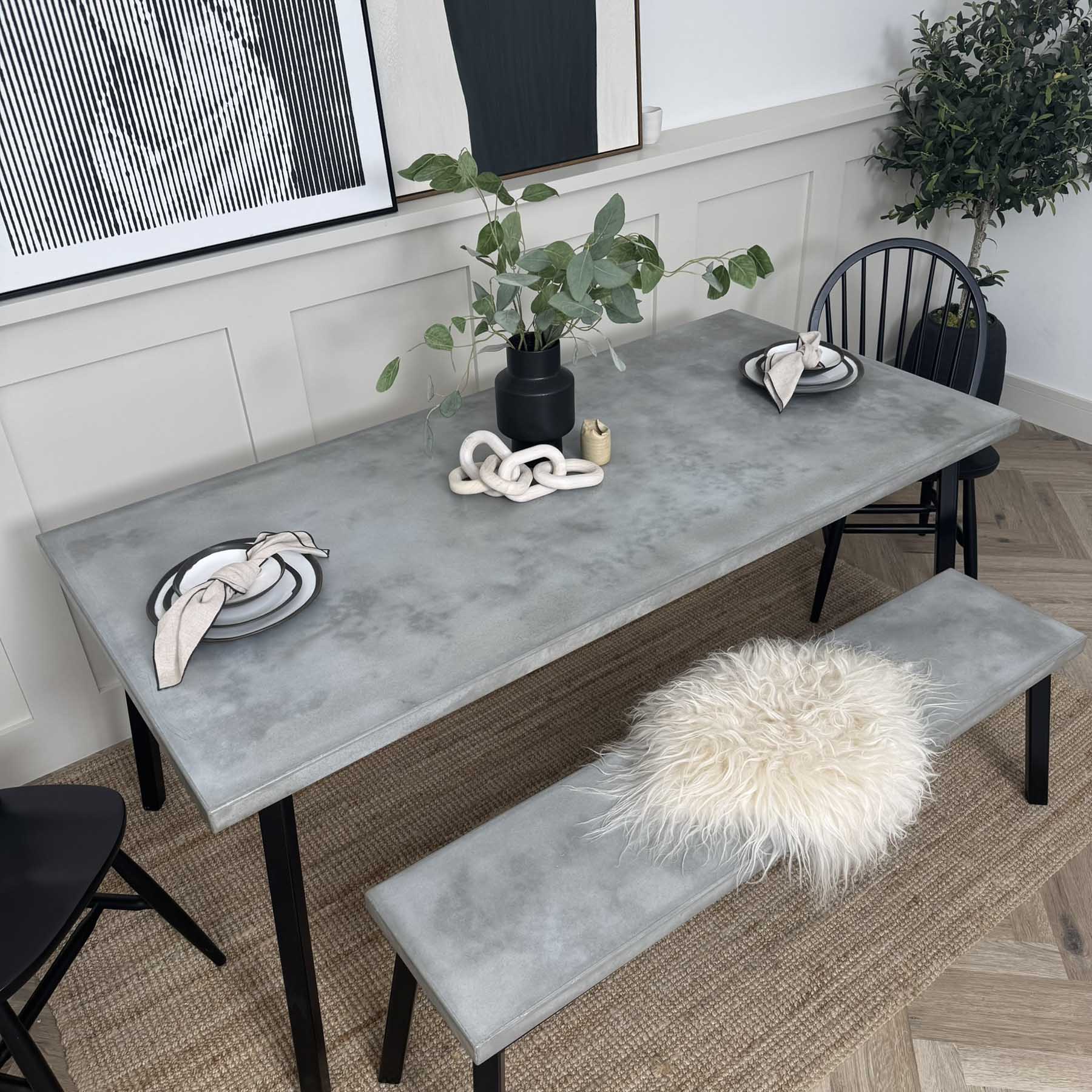 Outlet Nola table and Bench, concrete top, metal base