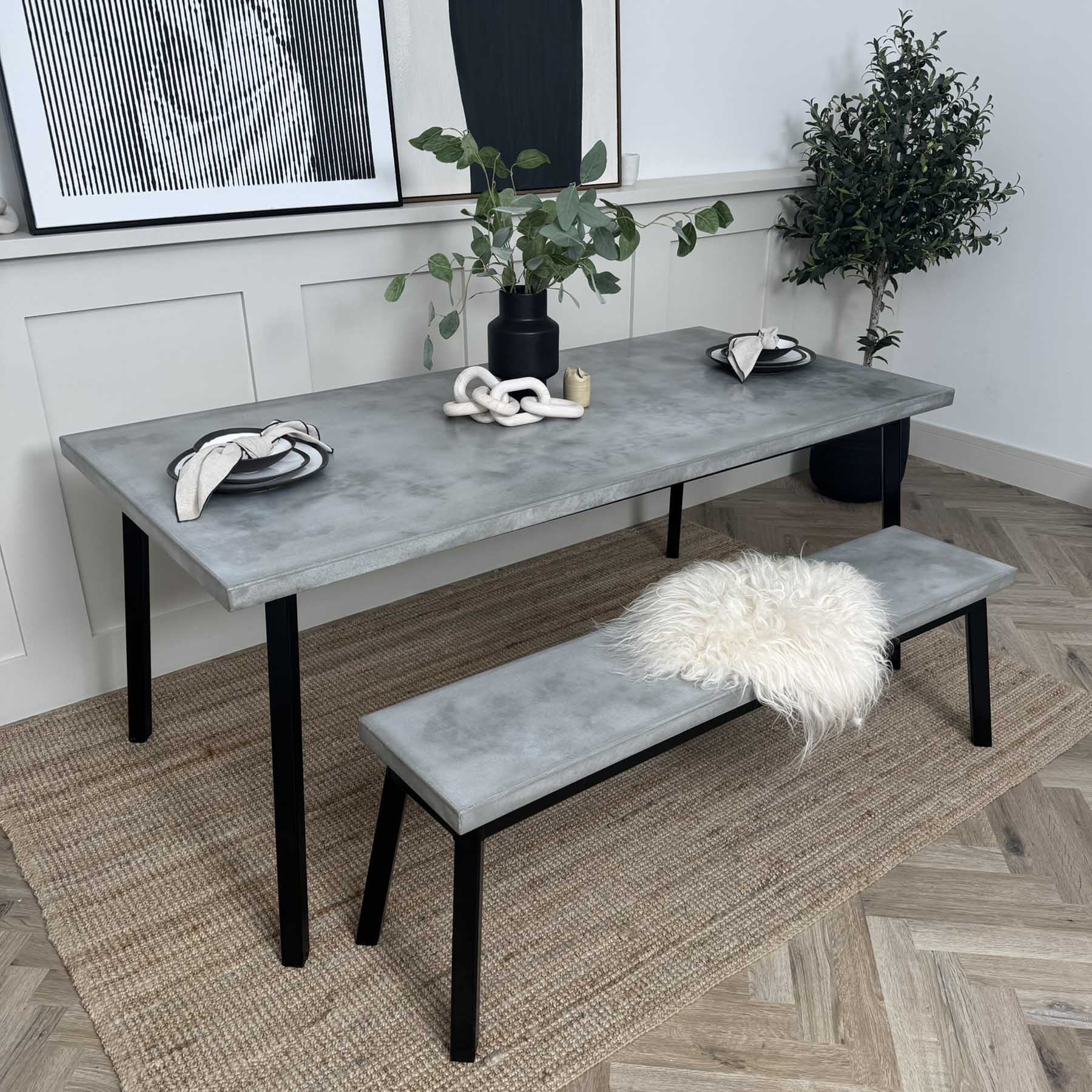 Outlet Nola table and Bench, concrete top, metal base