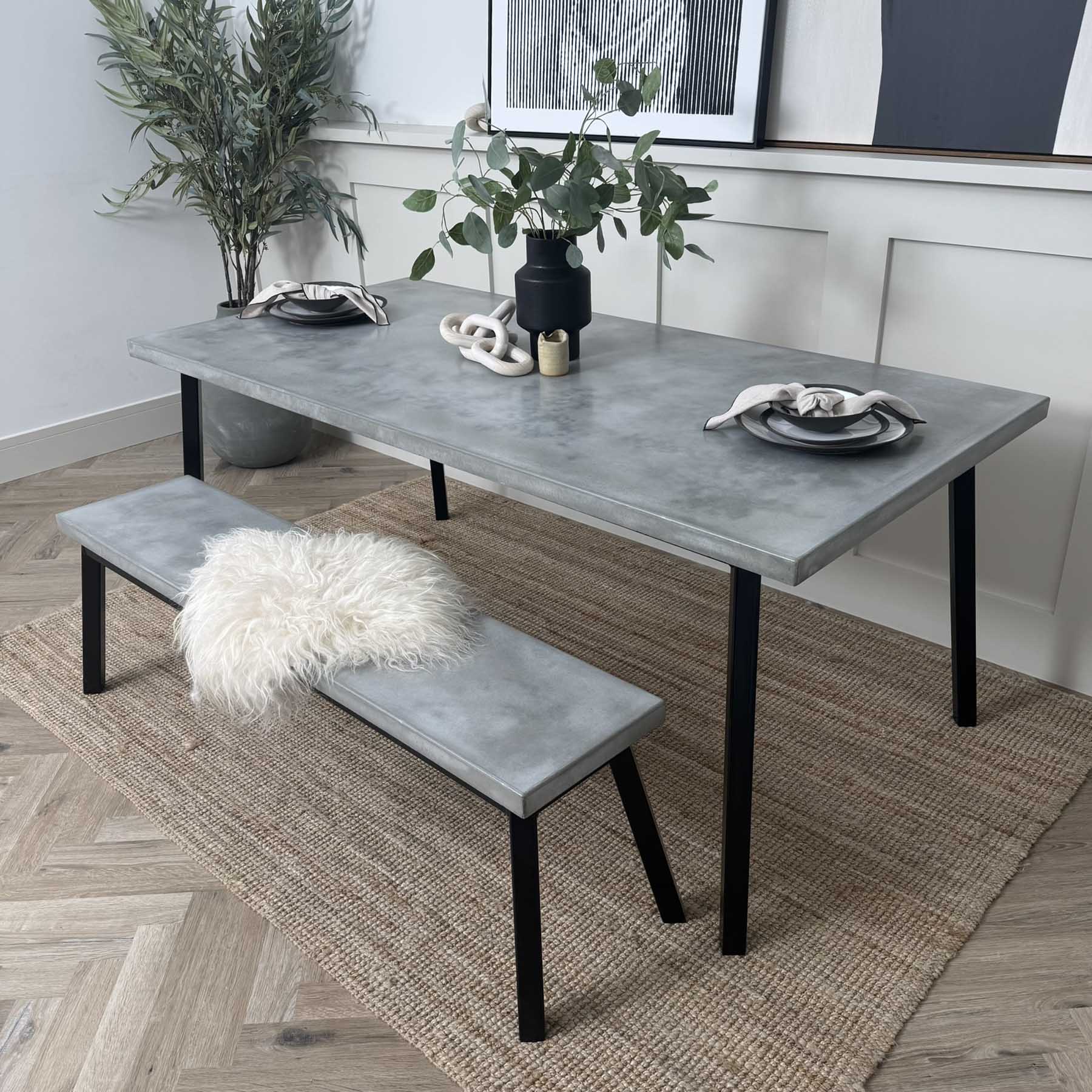 Outlet Nola table and Bench, concrete top, metal base