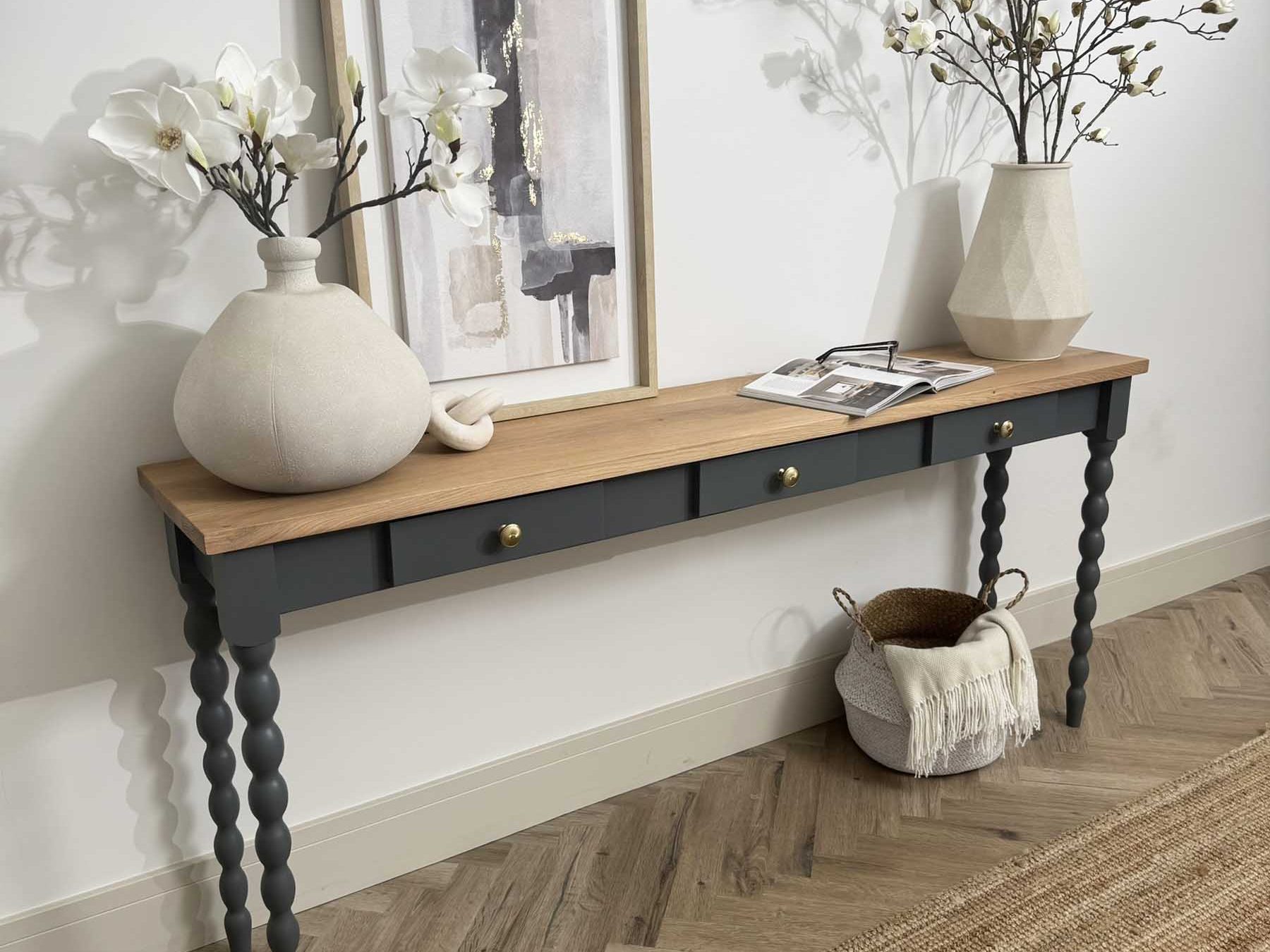 Skinny bobbin console, Oak top 180cm - Smoke 5%, Downpipe