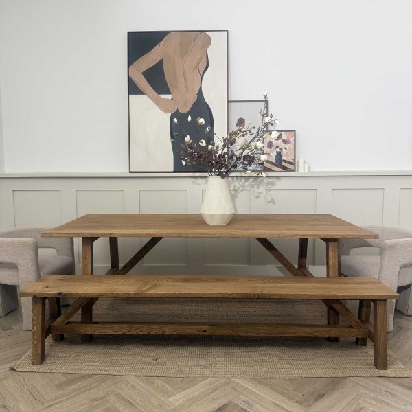 Solid Oak A Frame Trestle Table with Bench in Castle Brown
