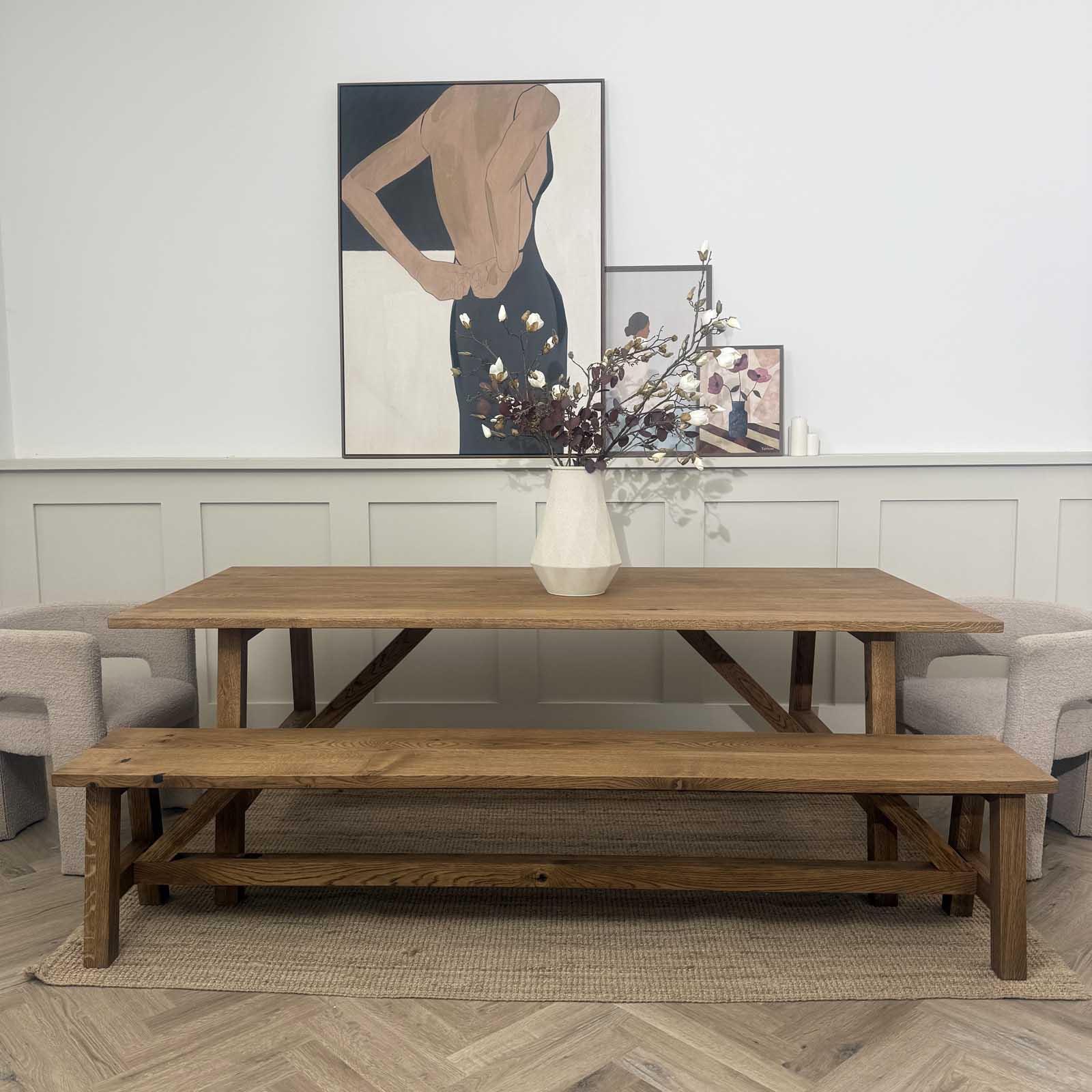 Solid Oak A Frame Trestle Table with Bench in Castle Brown