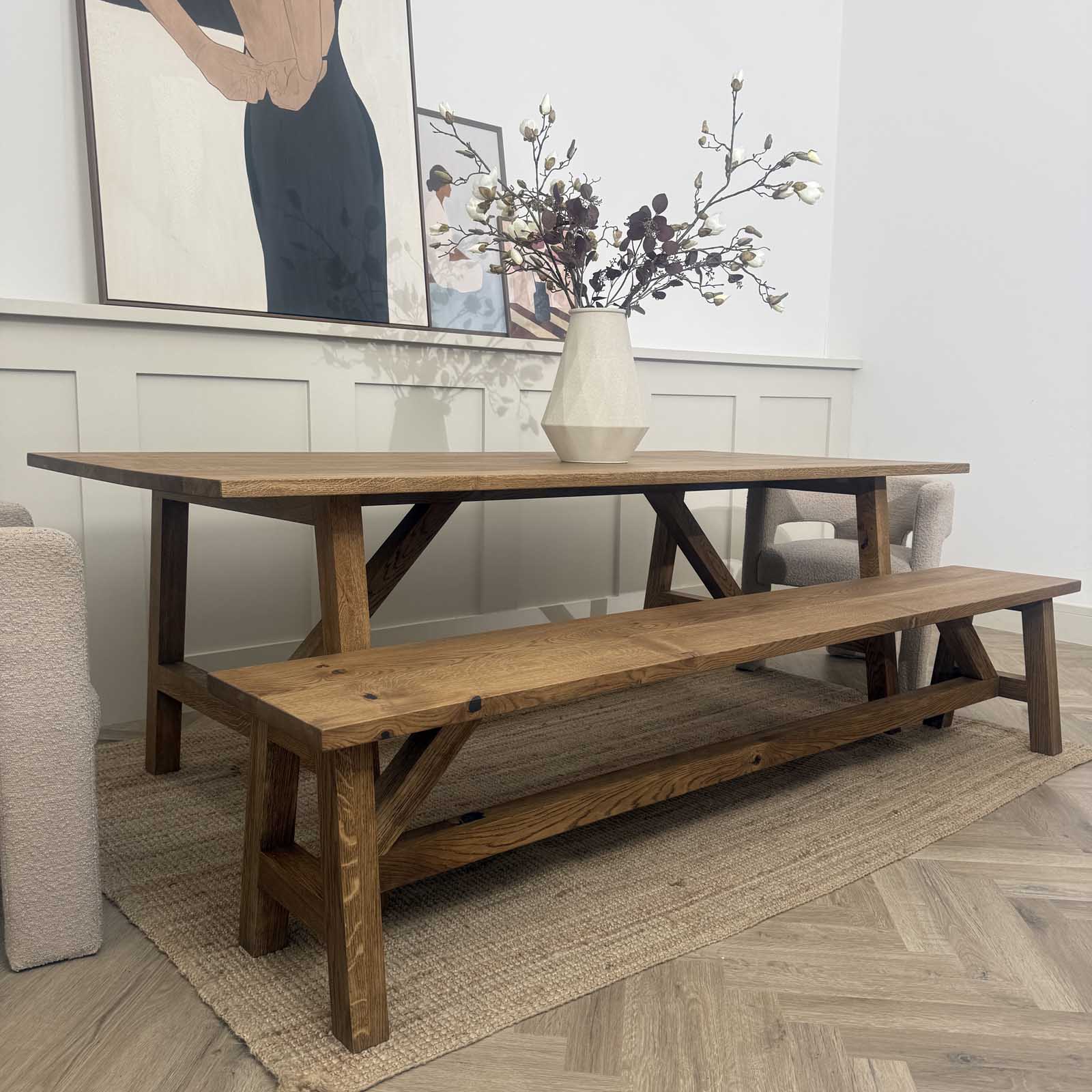 Solid Oak A Frame Trestle Table with Bench in Castle Brown