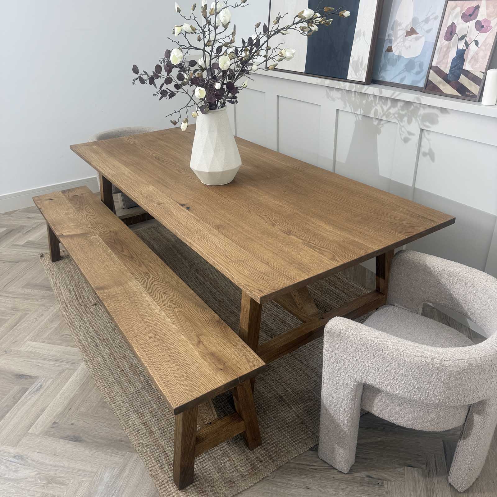 Solid Oak A Frame Trestle Table with Bench in Castle Brown