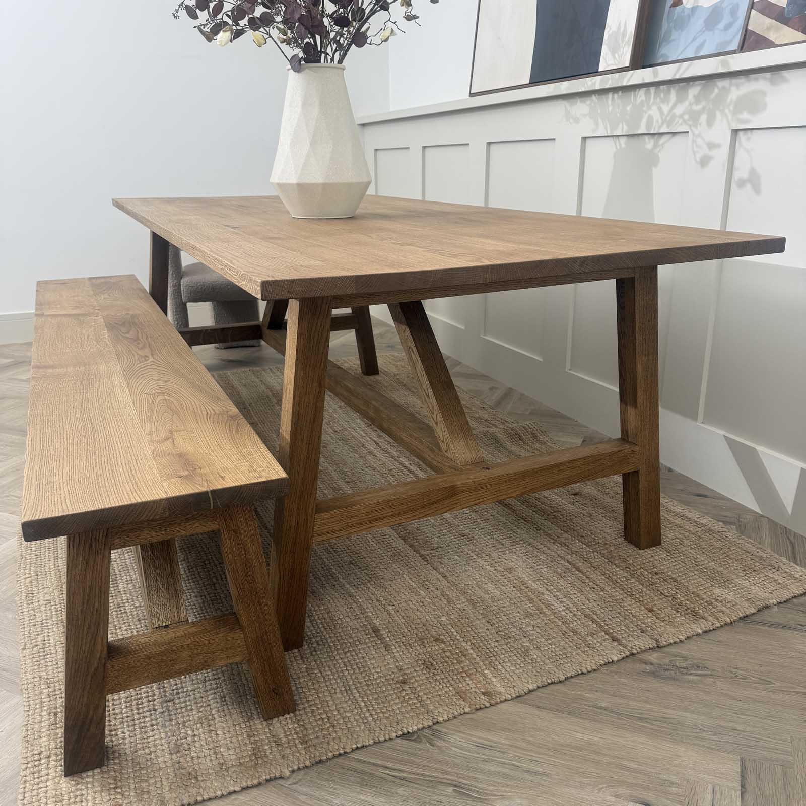 Solid Oak A Frame Trestle Table with Bench in Castle Brown